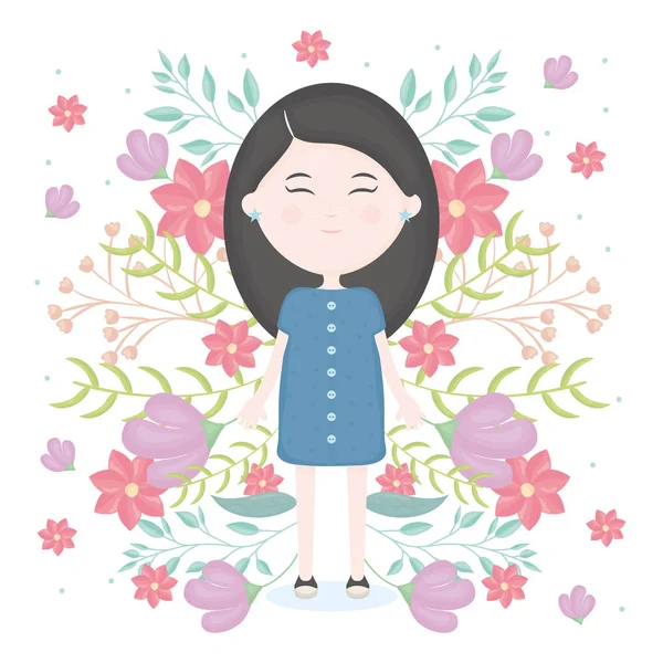 Linda niña con carácter de decoración floral — Vector de stock