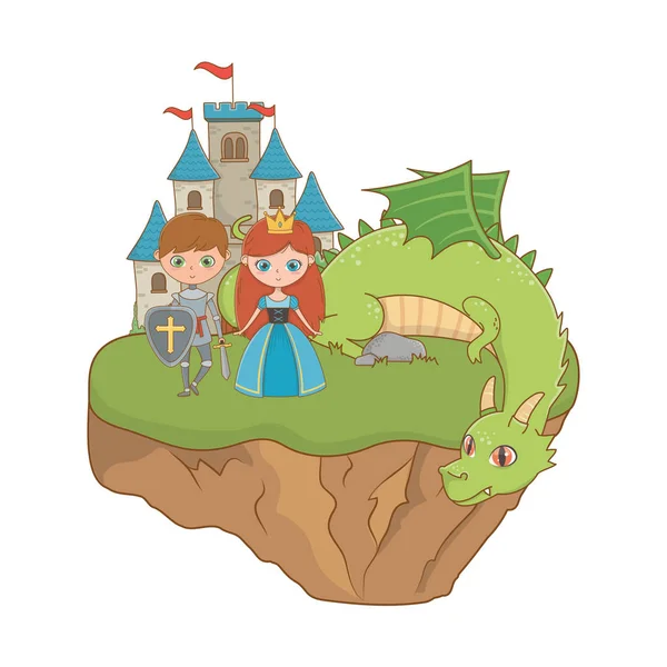 Princess knight and dragon of fairytale design vector illustration — Stok Vektör