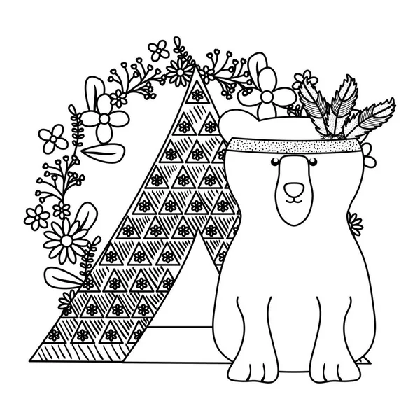 Niedźwiedź grizzly z piórami kapelusz w namiocie stylu bohemy — Wektor stockowy