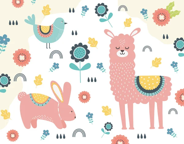 Llama and rabbit cartoon design vector illustration - Stok Vektor