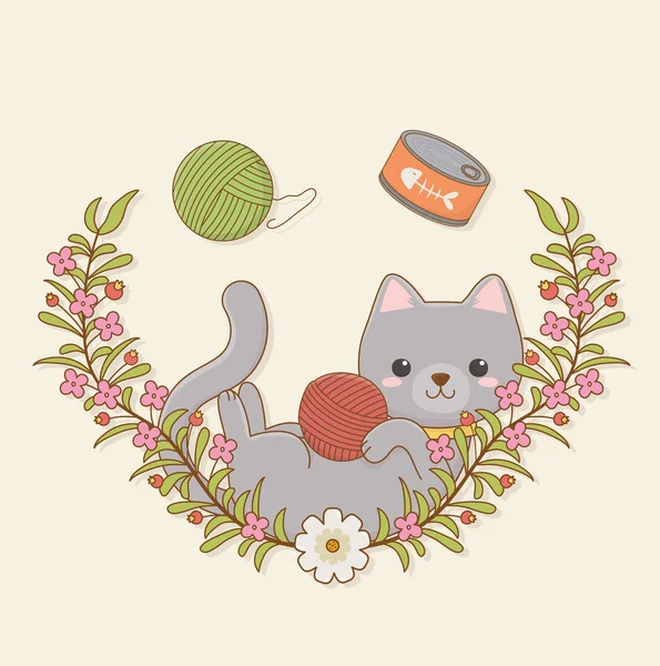 참치 캔 과 모직 롤 이 있는 귀여운 고양이 마스코트 — 스톡 벡터