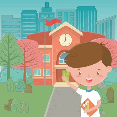 Okul binası ve çocuk karikatür tasarımı