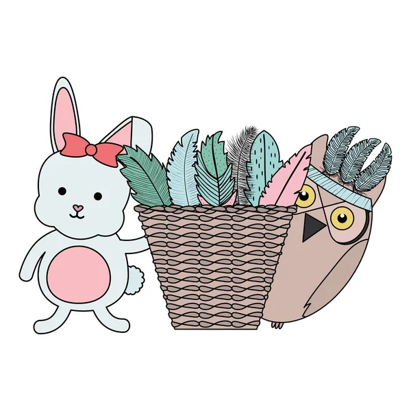 Kuş ve tavşan tüylü şapka ve sepet samanla — Stok Vektör