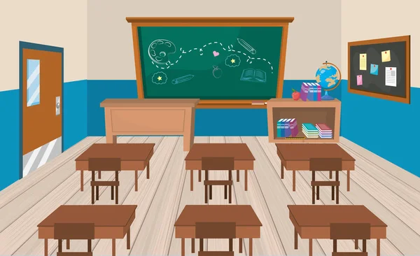 Utbildning klassrum med skrivbord och böcker med svarta tavlan — Stock vektor