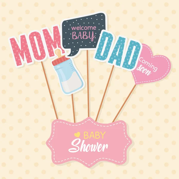 Baby shower card with accossories and messages in stick — Vector de stock