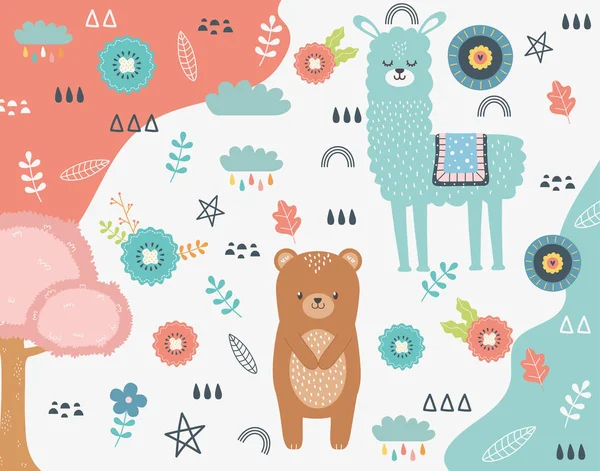 Bear and llama cartoon design vector illustration - Stok Vektor