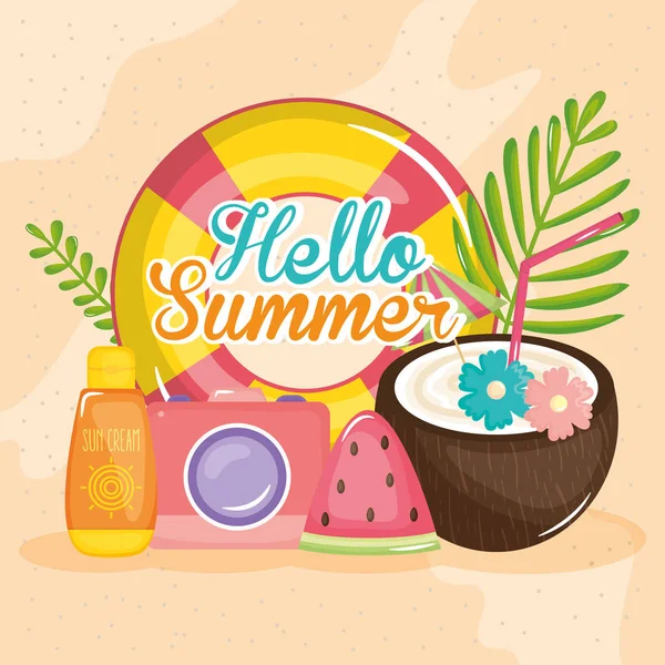 Hello summer poster with holiday icons — Stockvector