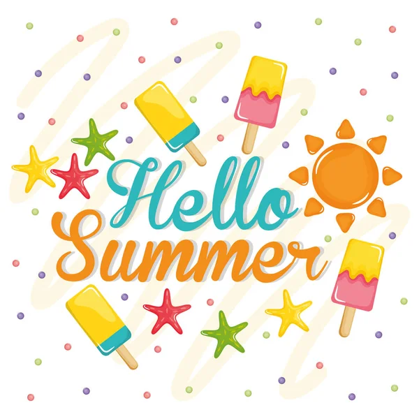 Hello summer poster with holiday icons — Stock vektor