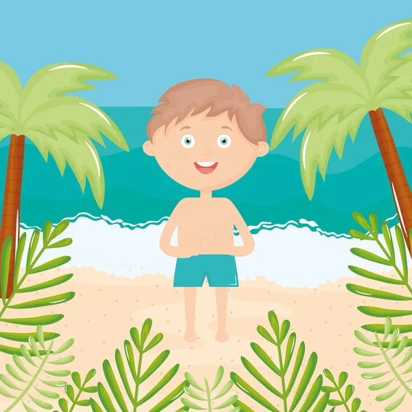 Malý chlapec s plavním oblečem na pláži — Stockový vektor