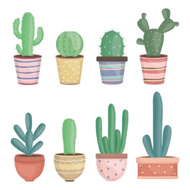 set of exotic cactus plants in ceramic pots clipart