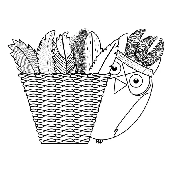 Uil vogel met veren hoed en mand stro Boheemse stijl — Stockvector