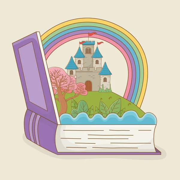 Libro abierto con castillo de cuento de hadas y arco iris. — Archivo Imágenes Vectoriales