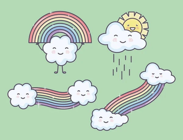 Clouds sky with rainbow and sun kawaii characters — Stock Vector