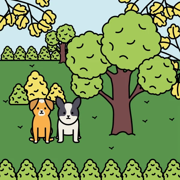 Cães pequenos adoráveis mascotes na paisagem — Vetor de Stock