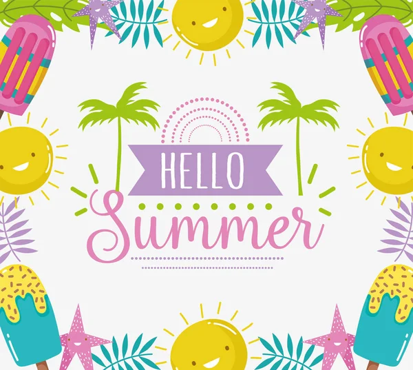 Hello verão temporada tropical lettering —  Vetores de Stock