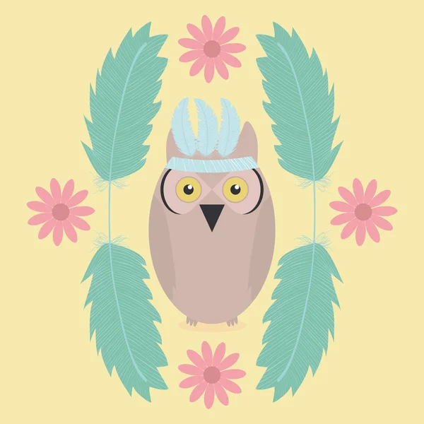 Coruja pássaro com penas chapéu e moldura de flores — Vetor de Stock