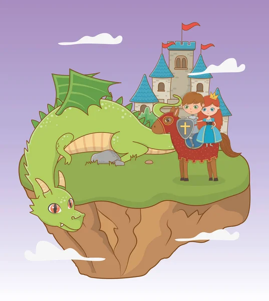 Dragon princesse chevalier et cheval de conte de fées — Image vectorielle