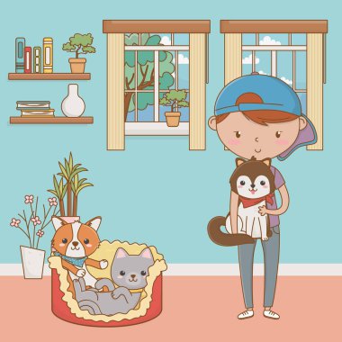 Kedileri ve köpekleri olan çocuk çizgi film tasarımı