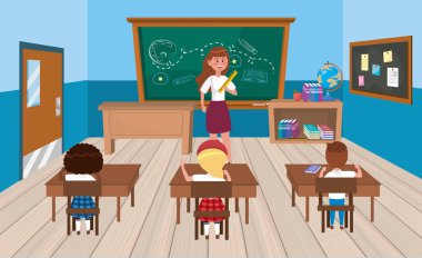 Sınıfta kız ve erkek öğrencili kadın öğretmen var.