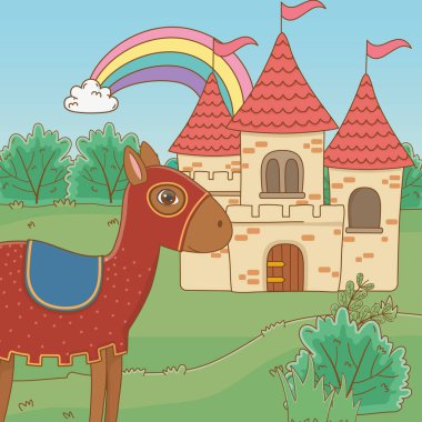 Ortaçağ atı ve masal tasarım vektörü illüstrasyonu kalesi