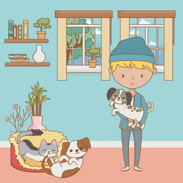 Boy con diseño de dibujos animados de gatos y perros — Vector de stock