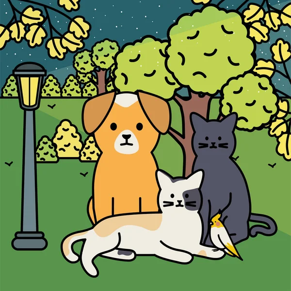 Aranyos macskák és kutya kabalák a parkban — Stock Vector