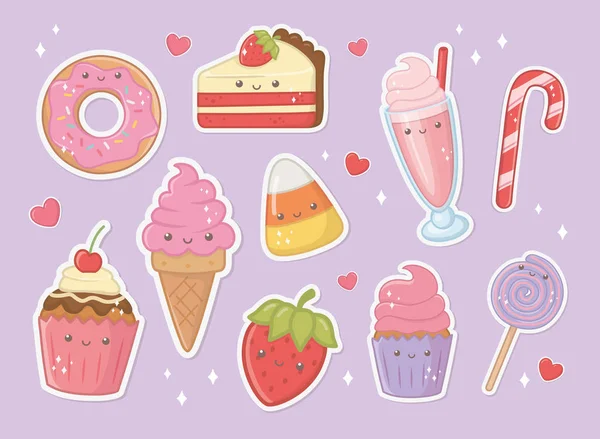 Delicious and sweet products kawaii characters — 스톡 벡터