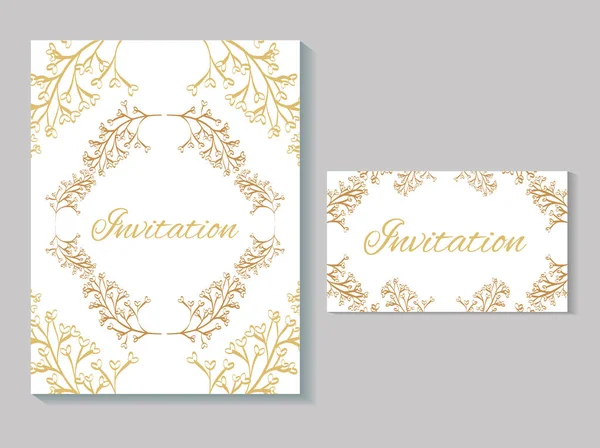 Set invitation cards with leafs golden calligraphy — Vetor de Stock