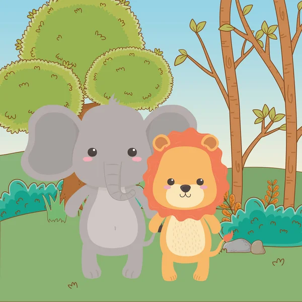 Leeuw en olifant cartoon design — Stockvector