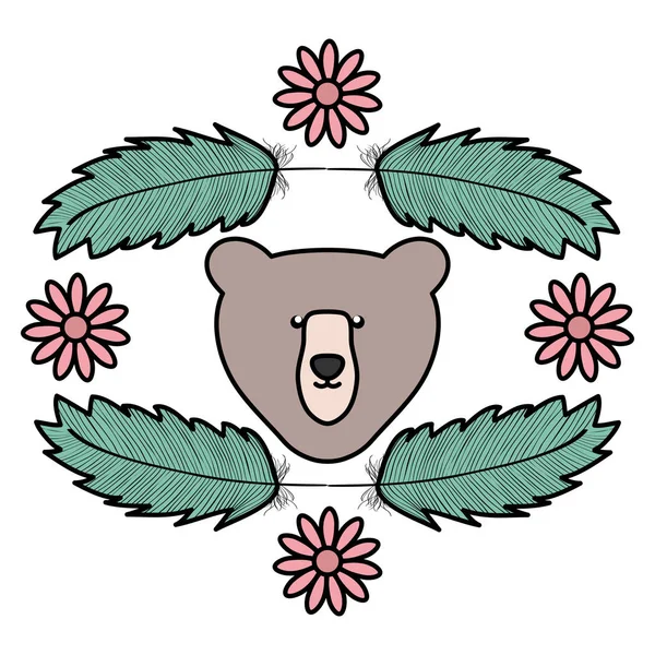 Grizzli avec plumes et fleurs style bohémien — Image vectorielle