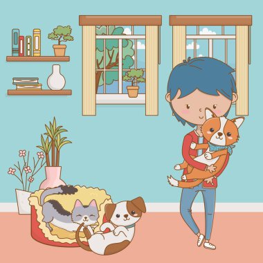 Kedileri ve köpekleri olan çocuk çizgi film tasarımı