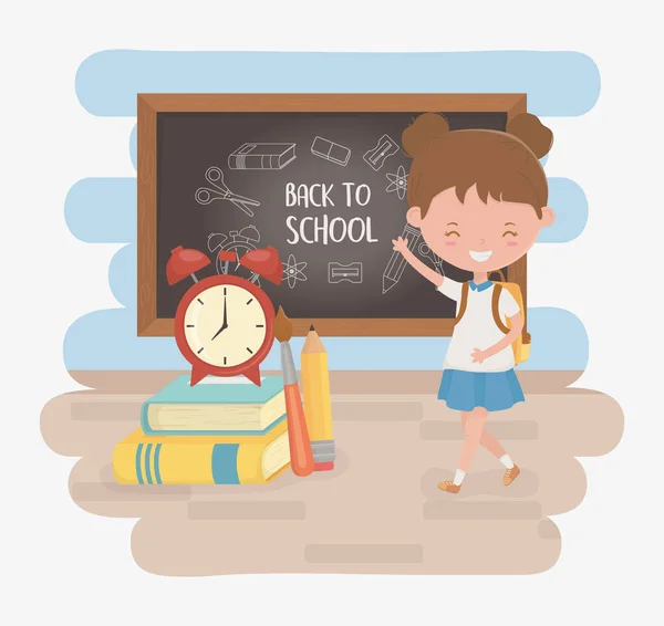 Little student girl with chalkboard and school supplies — Stock Vector