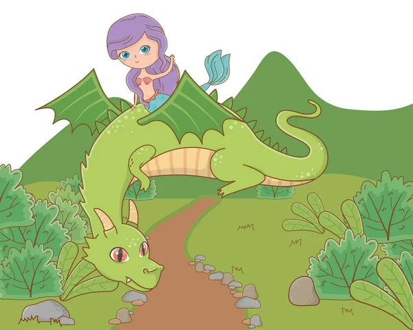 美人鱼和龙的童话设计载体插图 — 图库矢量图片