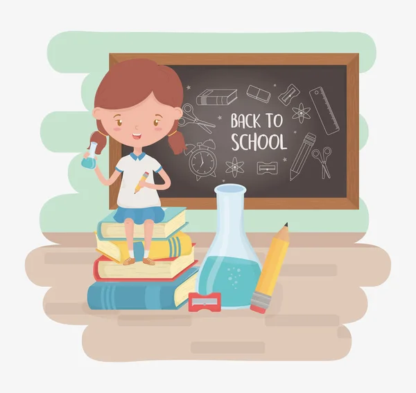 Κοριτσάκι με μαυροπίνακα και σχολικά είδη — Διανυσματικό Αρχείο