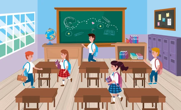 Girls and boys students in the classroom with blackboard — стоковый вектор