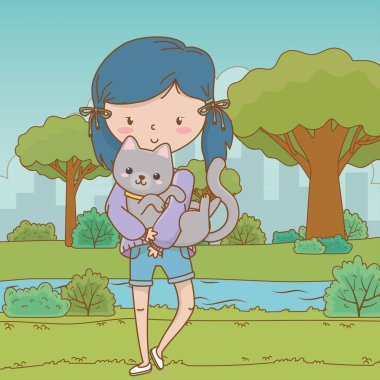 Kedi karikatür tasarımı ile kız