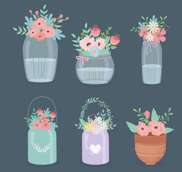 Decoración de flores y hojas en diferentes contenedores — Vector de stock