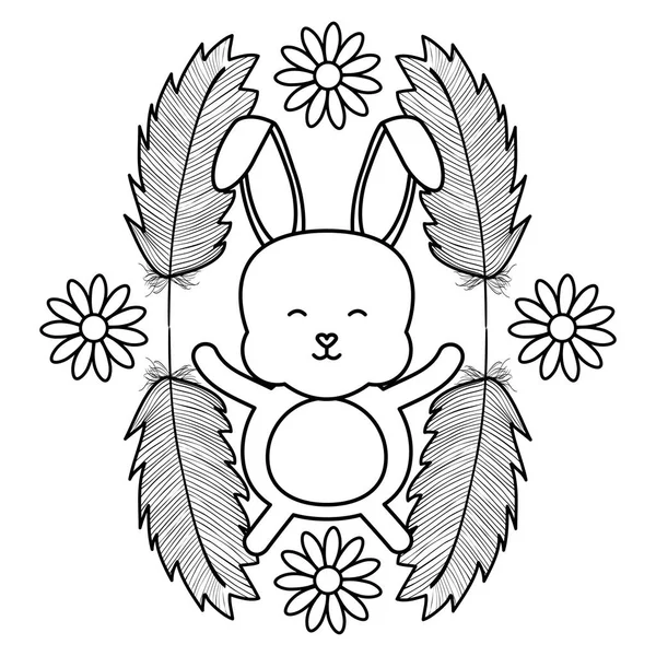 Schattig konijntje met bloemen en veren frame — Stockvector