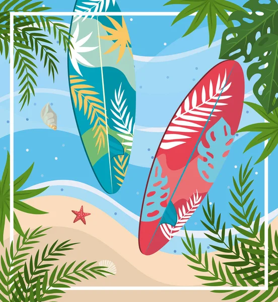 Surfboards with starfish and shell with leaves plants in the beach — Stock Vector