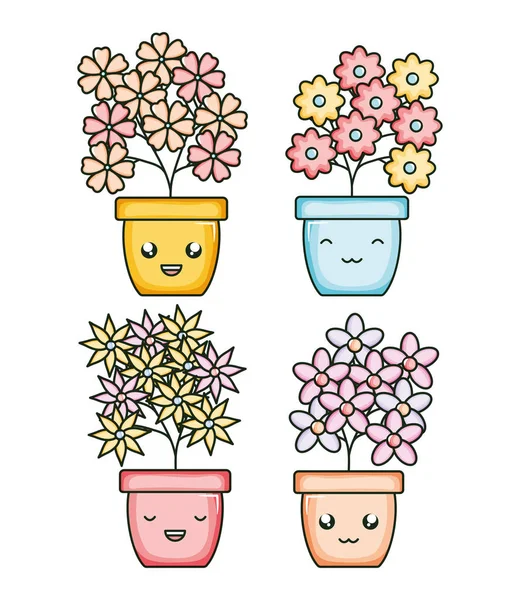 Set of garden plants in pots kawaii characters — 图库矢量图片