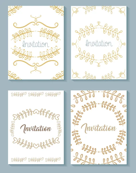 Set invitation cards with leafs golden calligraphy — Διανυσματικό Αρχείο