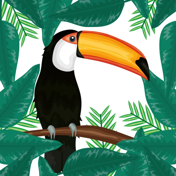 Krásný toucan s exotickou a tropickou listovou dekorací — Stockový vektor