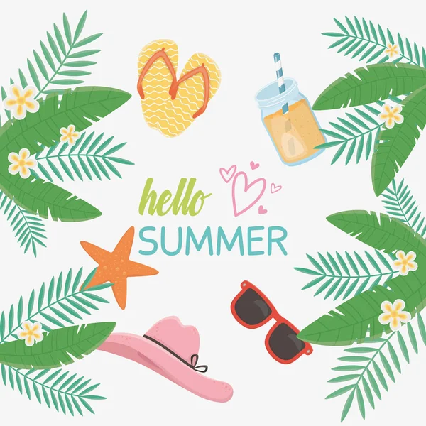 Hello summer poster with female hat icons — Stock Vector
