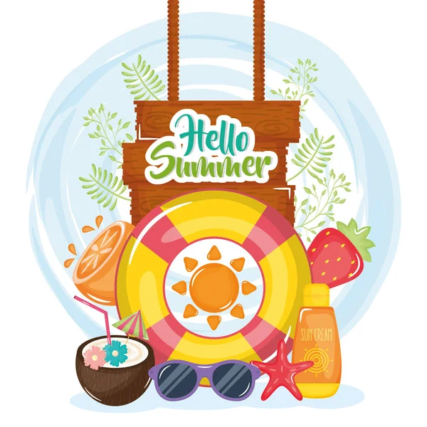 Hello summer poster with wooden label and icons — Vetor de Stock