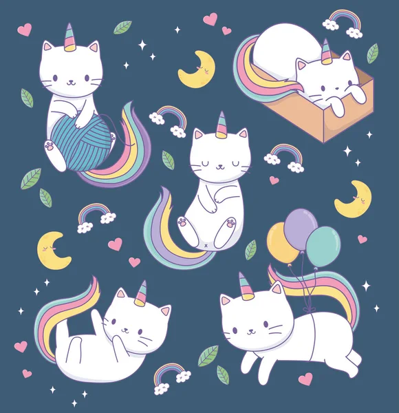 Niedlichen Katzen mit Regenbogenschwänzen kawaii Zeichen — Stockvektor