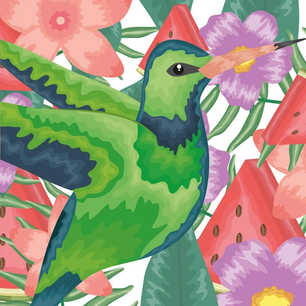 Bellissimo colibrì con decorazione floreale tropicale — Vettoriale Stock