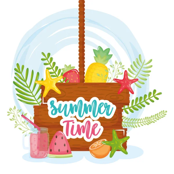Affiche de l'heure d'été avec étiquette et icônes en bois — Image vectorielle