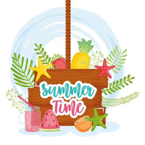 Zomer poster met houten label en pictogrammen — Stockvector