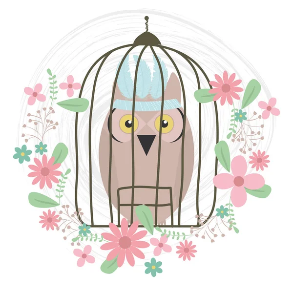 Owl bird with feathers hat and floral decoration in cage — Stockový vektor