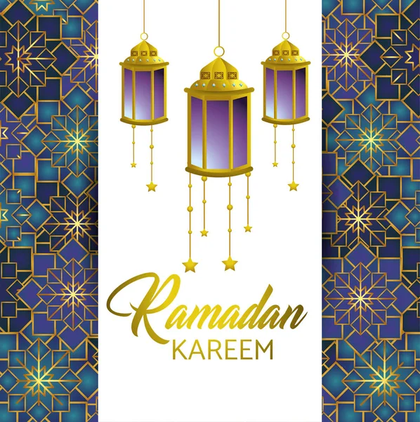 Ramadan kareem and card with lamps and stars — Archivo Imágenes Vectoriales